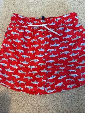 Janie and Jack Red Shark Print Swim Trunks